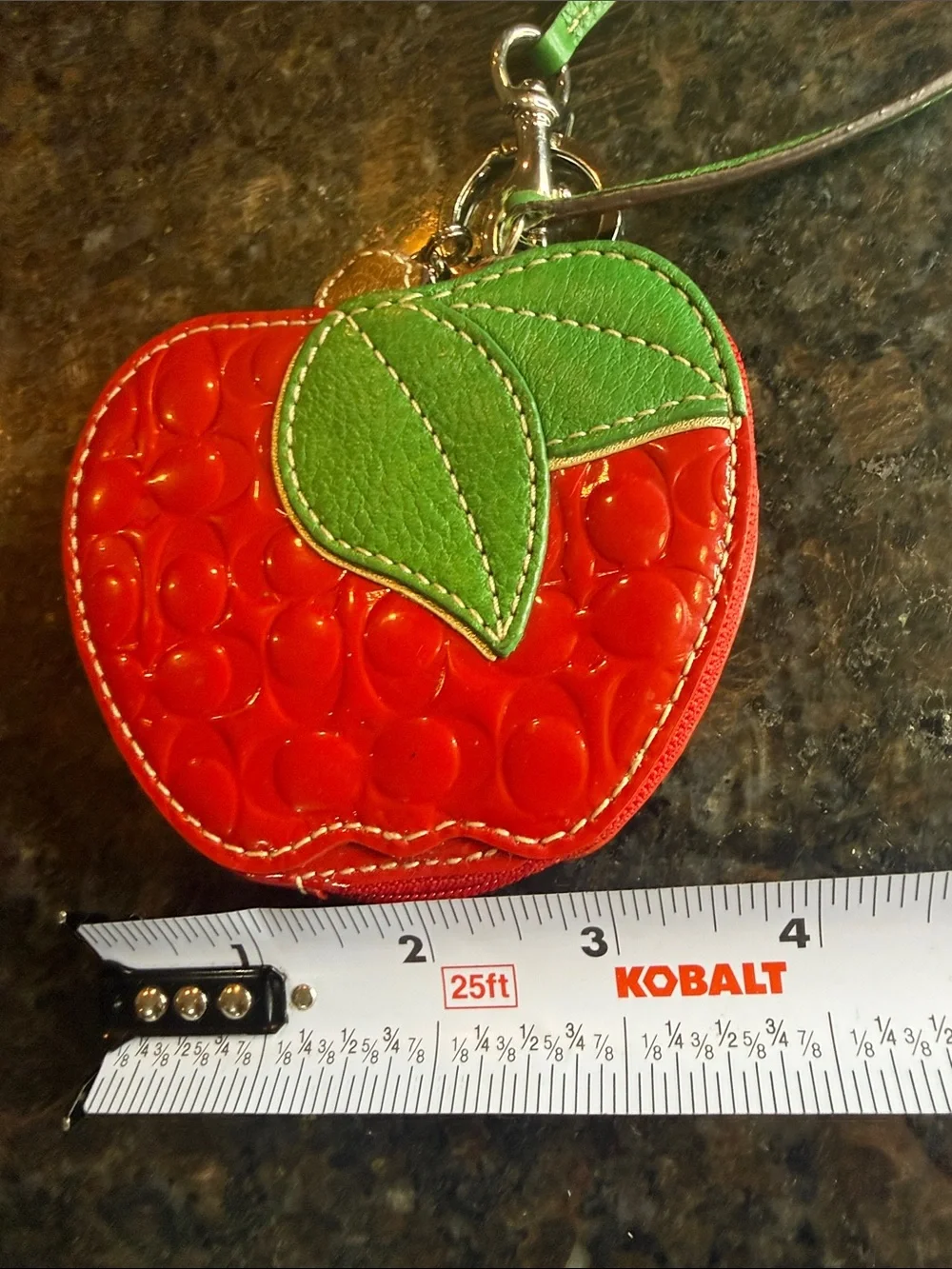 Rare Vintage Coach Red Patent Apple Wristlet Key & Card Holder with Green Leaf